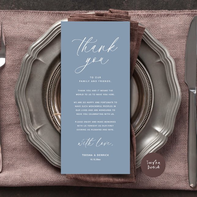 Cartões de agradecimentos de Definição de Local Ja (Wedding Dinner Place Setting Thank You Card Modern Romantic Contemporary Classy Dusty Blue)