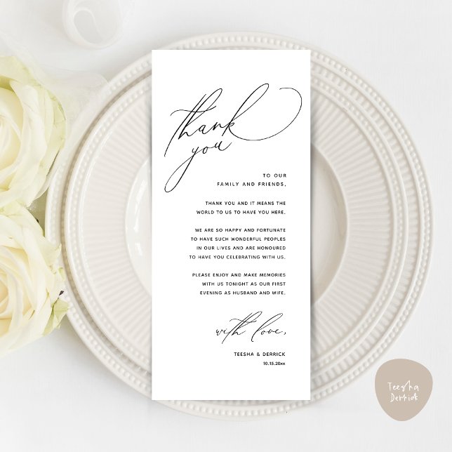 Cartões de agradecimentos de Definição de Local Ja (Modern Wedding Dinner Place Setting Thank You Card, Romantic Plate Decor, in Black White)
