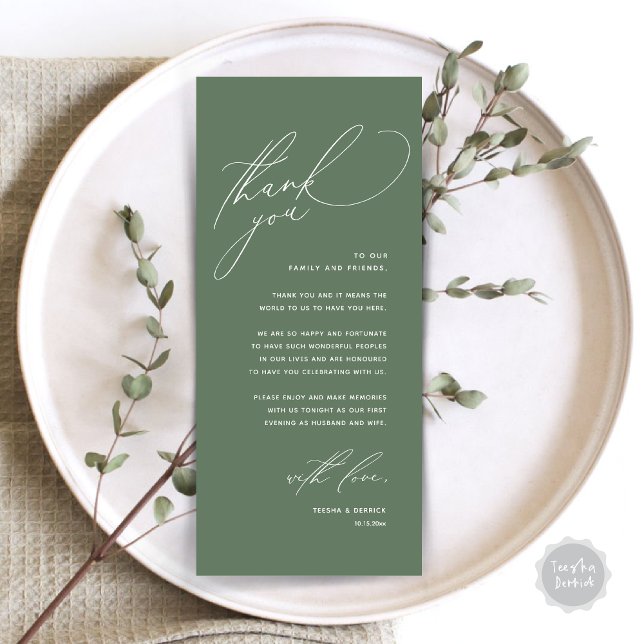 Cartões de agradecimentos de Definição de Local Ja (Modern Wedding Dinner Place Setting Thank You Card, Romantic Plate Decor, in Forest Sage Green)