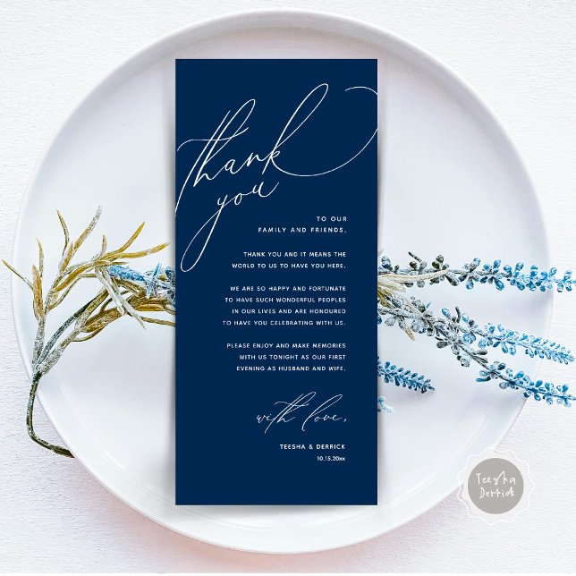 Cartões de agradecimentos de Definição de Local Ja (Modern Wedding Dinner Place Setting Thank You Card, Romantic Plate Decor, in Navy Blue)