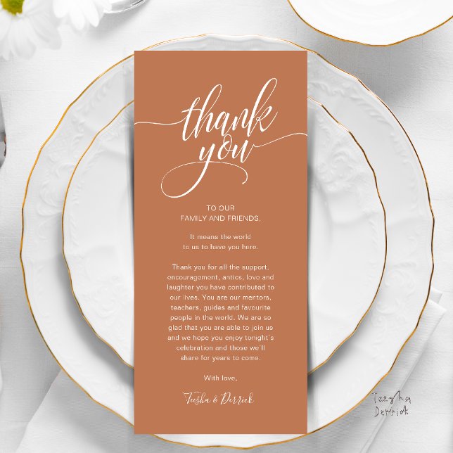 Cartões de agradecimentos de Definição do Local de (Modern Script Wedding Guest Dinner Reception Brunch Lunch Thank You Card in Copper Brown Terracotta)