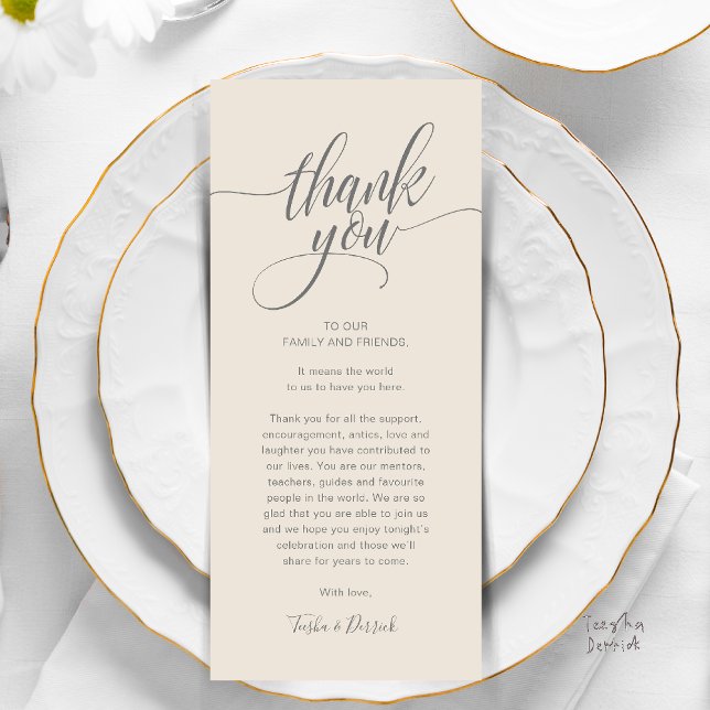Cartões de agradecimentos de Definição do Local de (Modern Script Wedding Guest Dinner Reception Brunch Lunch Thank You Card in Classy Warm Cream Grey)