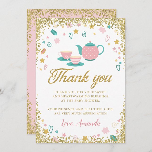 Cartões de agradecimentos de festa do chá com bril (Frente/Verso)