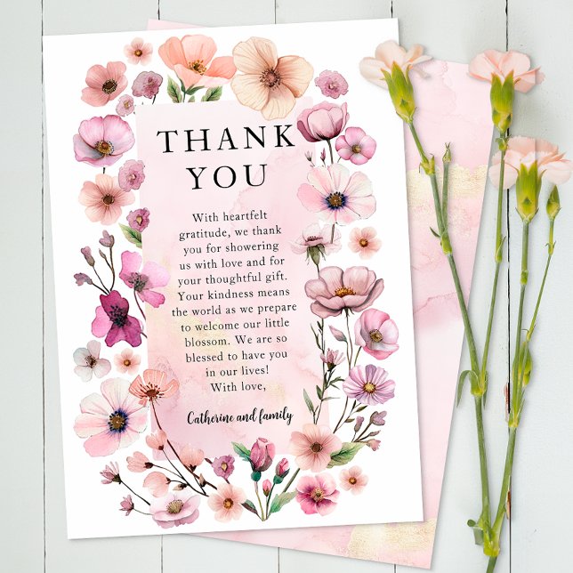 Cartões de agradecimentos de flor selvagem rosa po (Floral Thank You Flat Card)