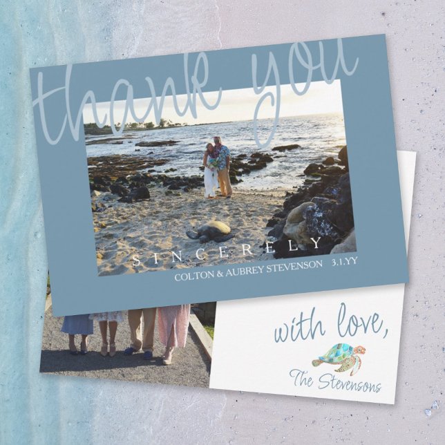 Cartões de agradecimentos de Foto de Casamento de  (blue gray, light blue wedding thank you card with blue sea turtle, watercolor tropical beach)