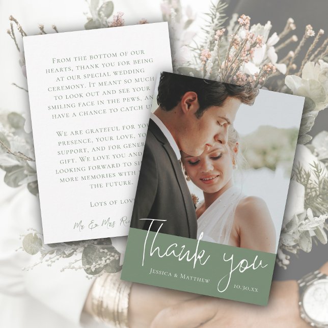 Cartões de agradecimentos de Foto de Casamento Ver (Eucalyptus Green Wedding Photo Thank You Card)