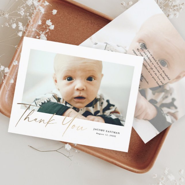 Cartões de agradecimentos de Fotografia Bebê do Sc (Modern Handwritten Gold Script Baby Photo Budget Thank You Cards.)