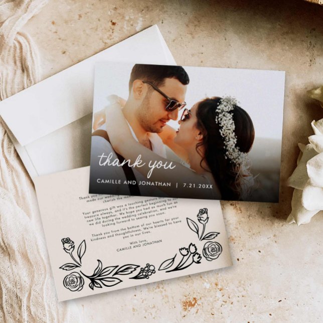 Cartões de agradecimentos de Fotografia de Casamen (Hand Drawn Floral Photo Wedding thank you card)