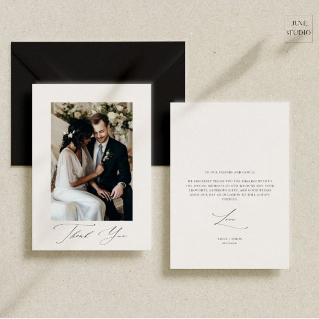 Cartões de agradecimentos de Fotografia de Casamen (modern wedding photo thank you card, double side thank you card, minimalist dainty script wedding)