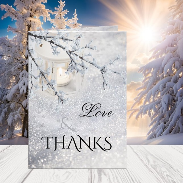 Cartões de agradecimentos de Fotografia do Casamen (winter wedding Thank You card featuring a candle lit lantern in a sparkling snow winter wonderland)