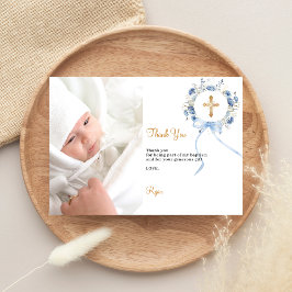 Cartões de agradecimentos de fotos azul-batismo