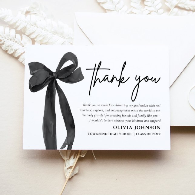 Cartões de agradecimentos de Graduação de Coquete  (Chic Black Bow Coquette Graduation Thank You Card)