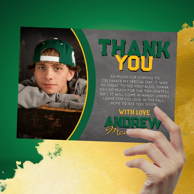 Cartões de agradecimentos de Graduação do Quadro V (Green and Gold 1 Photo Chalkboard Graduation Thank You Cards)