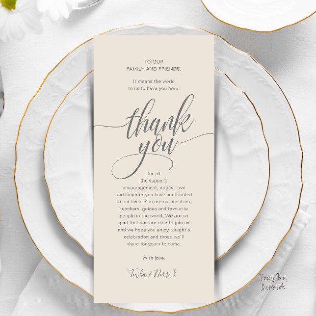 Cartões de agradecimentos de Janto Convidado para  (Modern Script Wedding Guest Dinner Reception Brunch Lunch Thank You Card in Classy Warm Cream Grey)