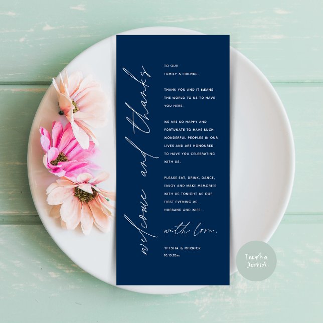 Cartões de agradecimentos de Janto de casamento de (Welcome and Thanks, Wedding Dinner Place Setting Thank You Card in Modern Classy Navy Blue)