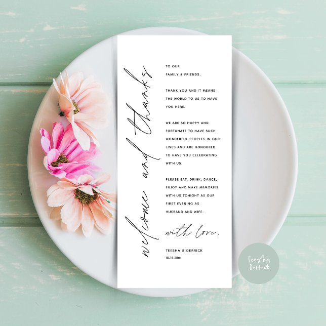 Cartões de agradecimentos de Janto de casamento de (Welcome and Thanks, Wedding Dinner Place Setting Thank You Card in Modern Classy White Black)