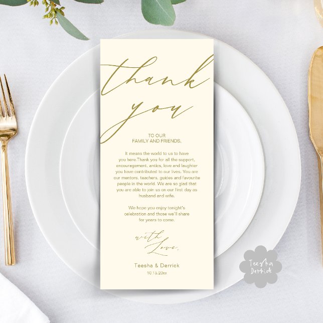 Cartões de agradecimentos de Janto de Casamento Mo (Modern Wedding Rehearsal Dinner Thank You Card in Yellow Gold)