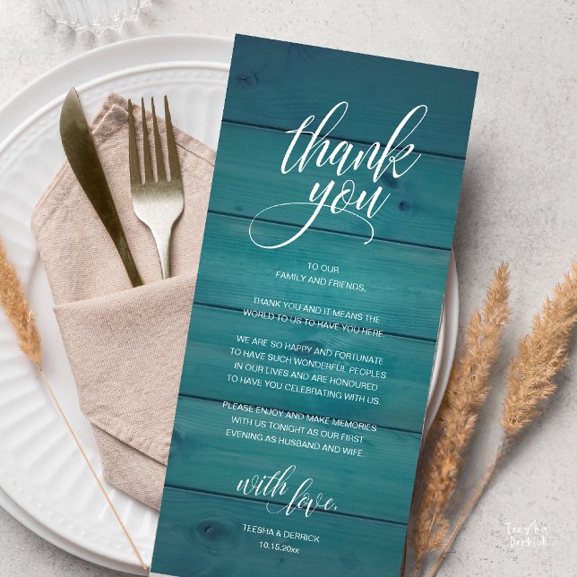 Cartões de agradecimentos de Janto de Casamento Ru (Modern Rustic Wedding Reception Dinner Lunch Brunch Thank You Card Blue Green Teal)