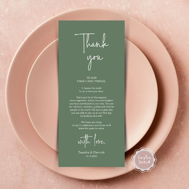 Cartões de agradecimentos de Janto de Definição de (Modern Romantic Wedding Place Setting Dinner Thank You Card, in Forest Sage Green)