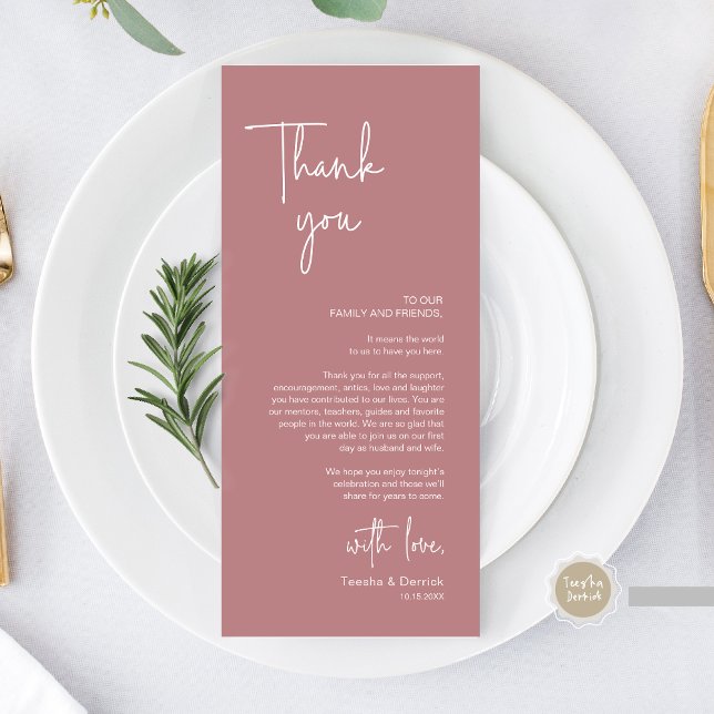 Cartões de agradecimentos de Janto de Definição de (Modern Wedding Dinner Place Setting Thank You Card, in Handwriting Script, Dusty Rose Pink)