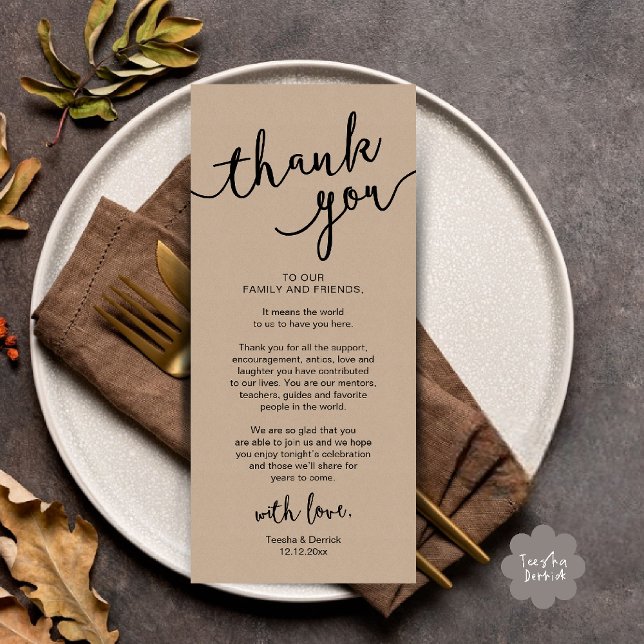Cartões de agradecimentos de Janto de Definição do (Rustic Wedding Place Setting Rehearsal Dinner Thank you Card in cottage brown kraft theme)