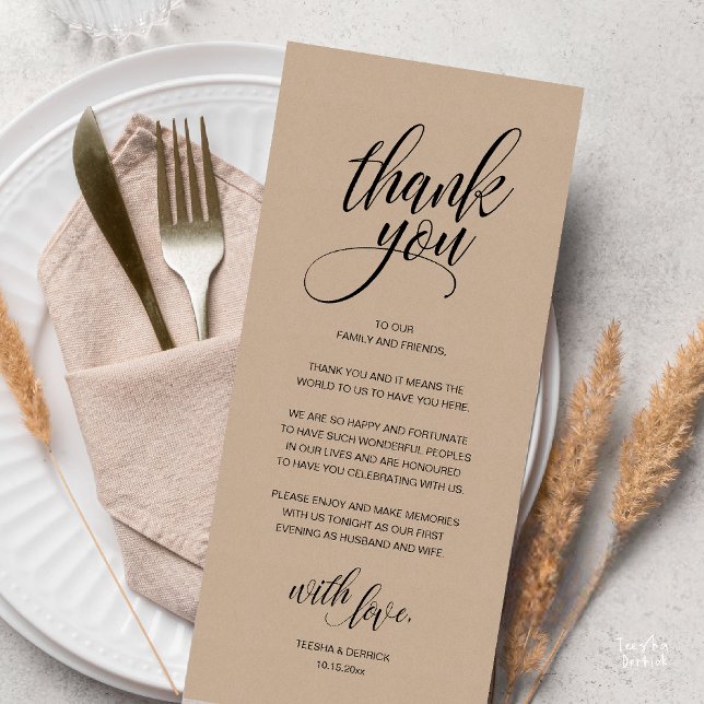 Cartões de agradecimentos de Janto de ensaio de ca (Modern Rustic Wedding Reception Dinner Lunch Brunch Thank You Card Brown Kraft )