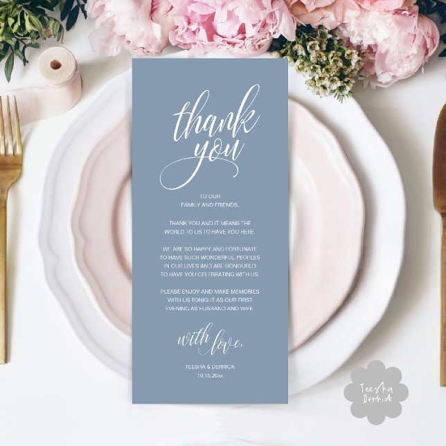 Cartões de agradecimentos de Janto de ensaio de ca (Modern Romantic Wedding Reception Dinner Thank You Card in Dusty Blue)