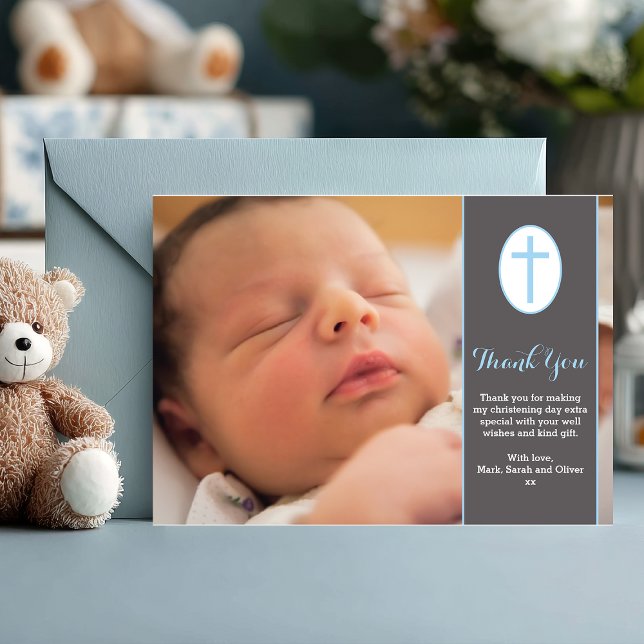 Cartões de agradecimentos de Natal/Batismo (A sweet way to say thank you 💙 Personalize this baby boy christening thank you card with your photo)