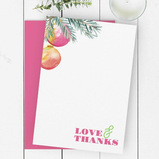 Cartões de agradecimentos de Natal brilhante e ver (Christmas thank you cards unique watercolor pink baubles with pine boughs)