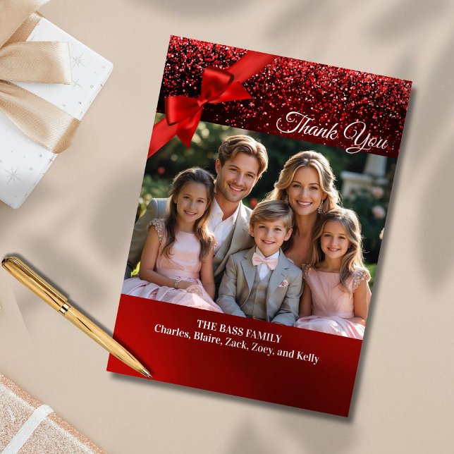 Cartões de agradecimentos de Natal da Foto Glitter (Show your gratitude in an elegant way with a custom thank you card in red glitter background design)