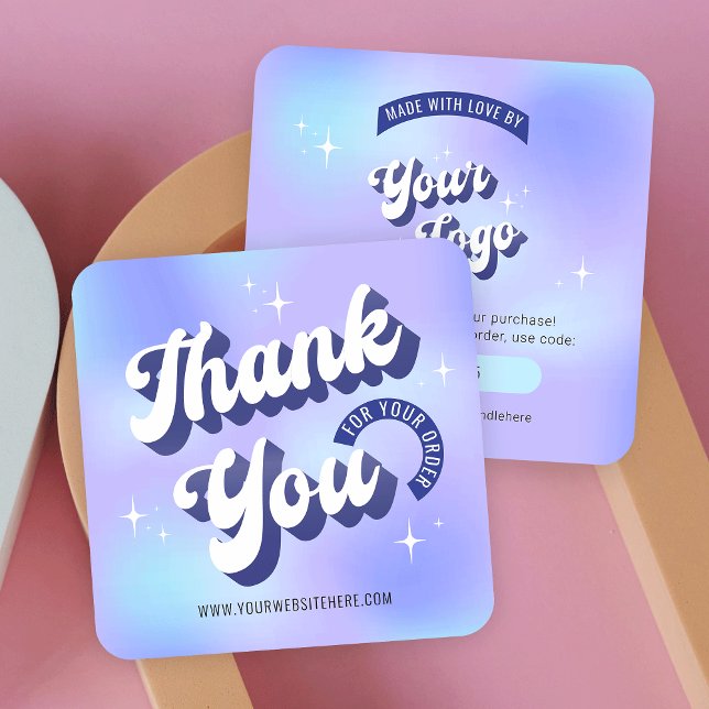 Cartões de agradecimentos de negócios holográfico  (Retro style thank you for order cards with groovy fonts in blue and purple)
