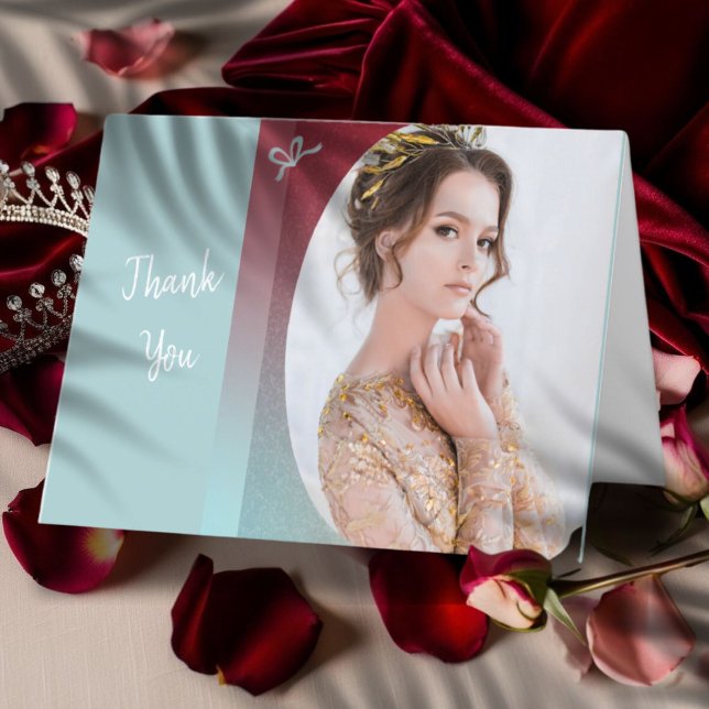 Cartões de agradecimentos de Ombre Azul Ruby (﻿﻿Ruby and turquoise ombre colors highlight this pageant thank you card with custom photo and text)