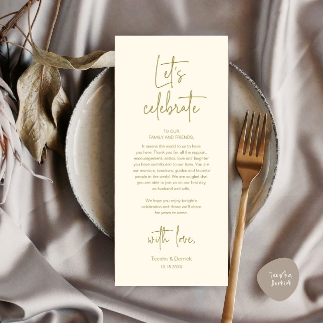 Cartões de agradecimentos de Partido de Janto de D (Modern Wedding Dinner Place Setting Dinner Party Thank You Card, Let's Celebrate,Cute Yellow Gold)