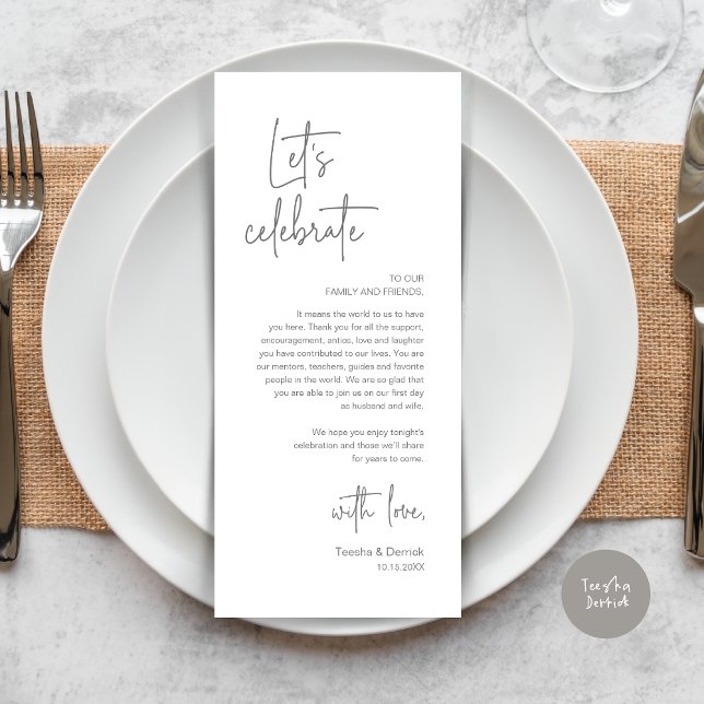 Cartões de agradecimentos de Partido de Janto de D (Modern Wedding Dinner Place Setting Dinner Party Thank You Card, Let's Celebrate,Cute Dark Grey)
