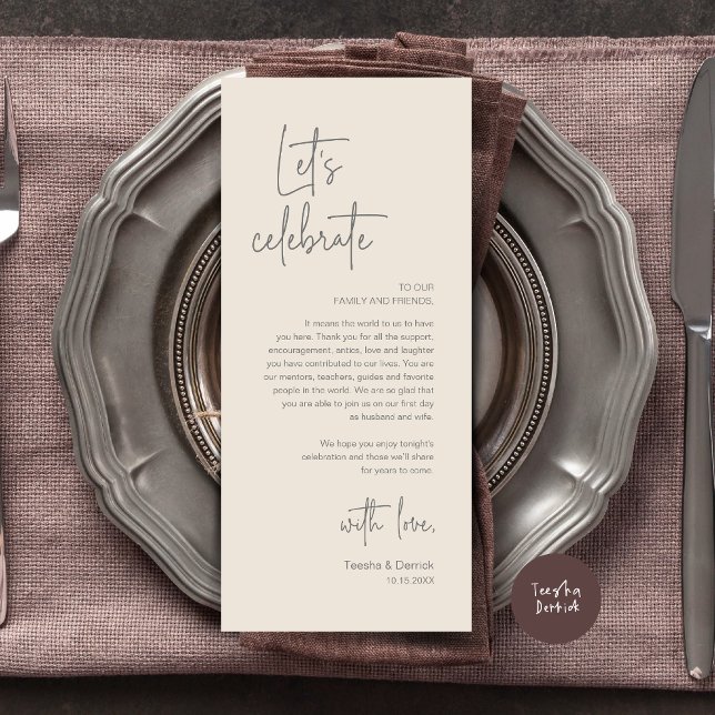 Cartões de agradecimentos de Partido de Janto de D (Modern Wedding Dinner Place Setting Dinner Party Thank You Card, Let's Celebrate, Cream Grey)