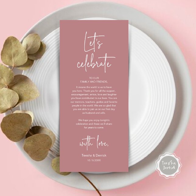 Cartões de agradecimentos de Partido de Janto de D (Modern Wedding Dinner Place Setting Dinner Party Thank You Card, Let's Celebrate, Dusty Rose Pink)