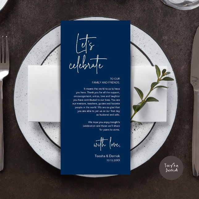 Cartões de agradecimentos de Partido de Janto de D (Modern Wedding Dinner Place Setting Dinner Party Thank You Card, Let's Celebrate, Classy Navy Blue)