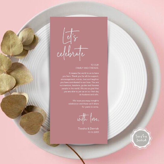 Cartões de agradecimentos de Partido de Janto de D (Modern Wedding Dinner Place Setting Dinner Party Thank You Card, Let's Celebrate, Dusty Rose Pink)