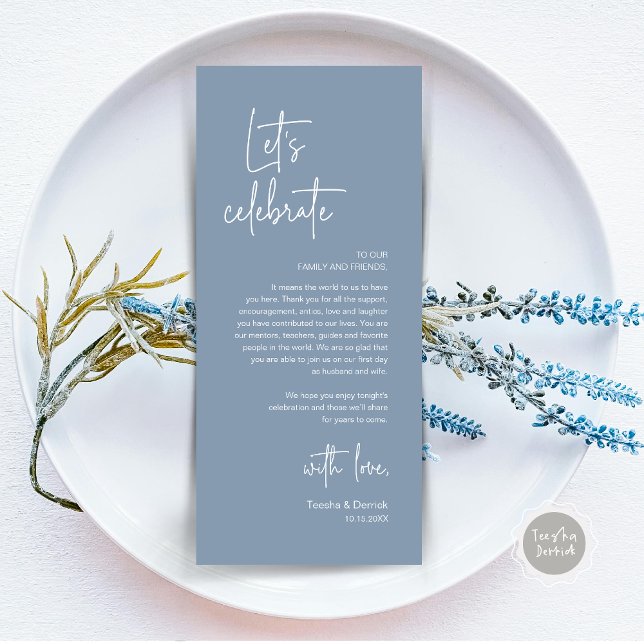Cartões de agradecimentos de Partido de Janto de D (Modern Wedding Dinner Place Setting Dinner Party Thank You Card, Let's Celebrate, Dusty Blue)