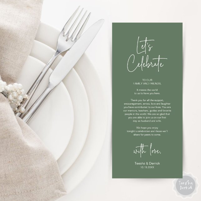 Cartões de agradecimentos de Partido Janto de Defi (Modern Wedding Place Setting Dinner Party Thank You Card in Forest Sage Green)