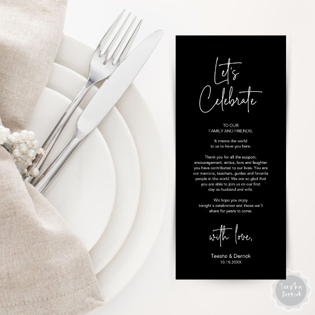Cartões de agradecimentos de Partido Janto de Defi (Modern Wedding Place Setting Dinner Party Thank You Card in Classy Black)