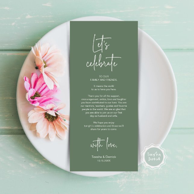 Cartões de agradecimentos de Partido Janto de Defi (Let's Celebrate, Wedding Dinner Place Setting Thank You Card, Modern Plate Decor, Forest Sage Green)
