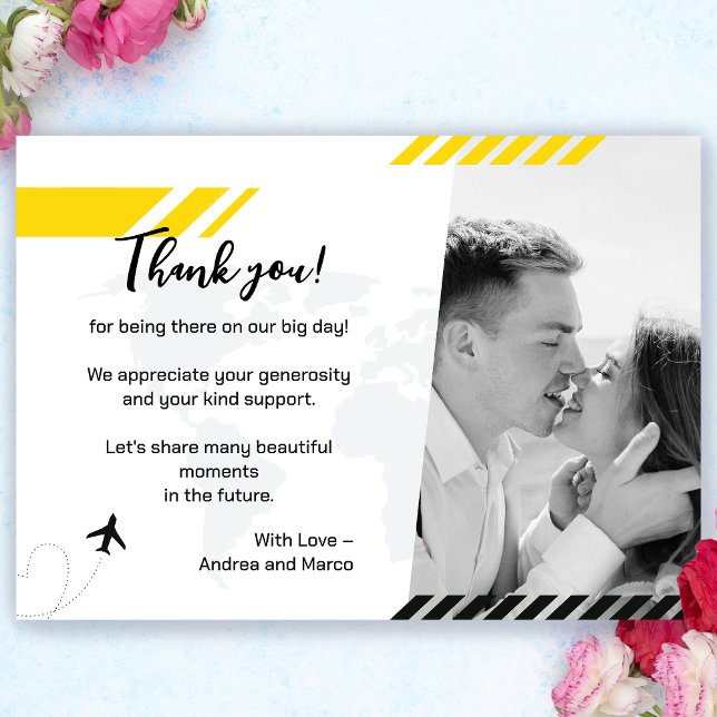 Cartões de agradecimentos de Passagem de Embarque  (Sunny Yellow Boarding Pass Wedding Thank You Card)