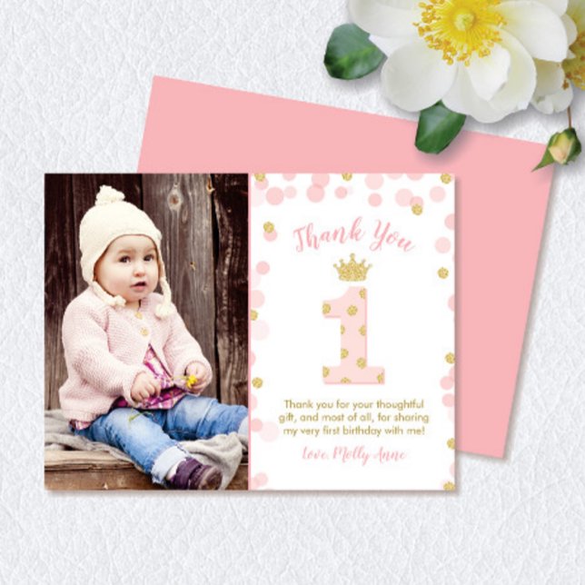 Cartões de agradecimentos de primeiro aniversario  (Princess Pink & Gold Glitter 1st Birthday Thank You Note Card)