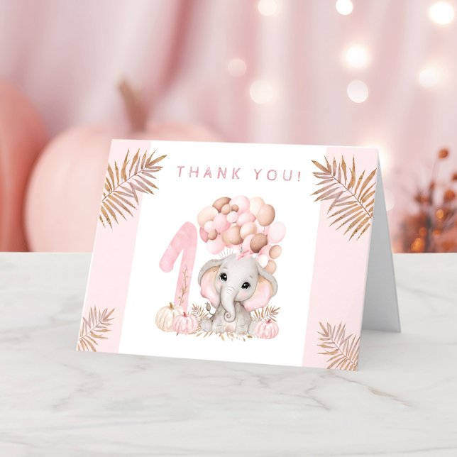 Cartões de agradecimentos de primeiro aniversario  (1st Birthday Fall Autumn Pink Girl Thank You Card)