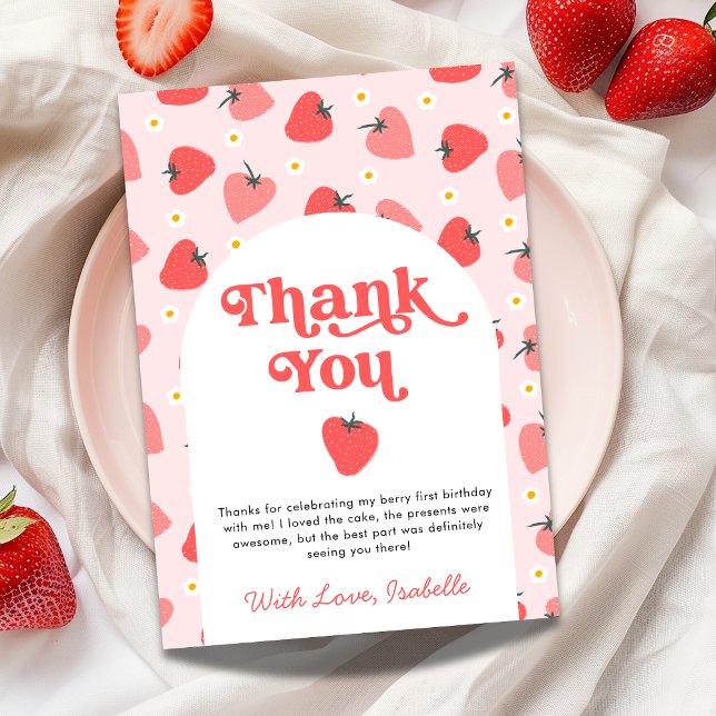 Cartões de agradecimentos de primeiro aniversario  (Berry First Strawberry 1st Birthday Thank You Card)