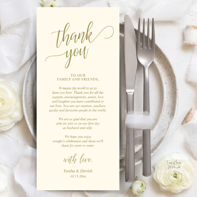 Cartões de agradecimentos de Recepção de casamento (Modern Classy Wedding Dinner Thank You Card Reception brunch lunch in yellow gold)