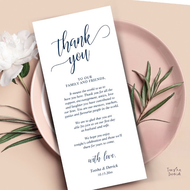 Cartões de agradecimentos de Recepção de casamento (Modern Classy Wedding Dinner Thank You Card Reception brunch lunch in Navy Blue)
