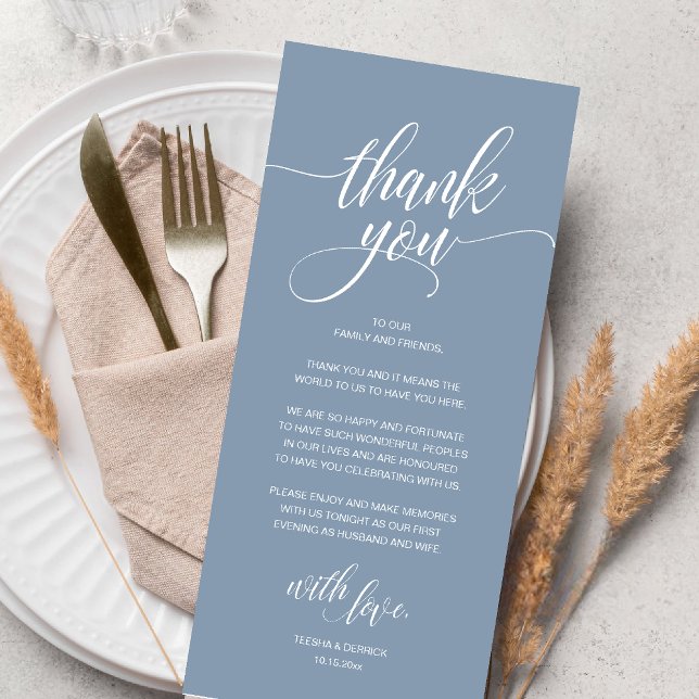 Cartões de agradecimentos de Recepção de casamento (Modern Romantic Wedding Reception Dinner Thank You Card in Dusty Blue)