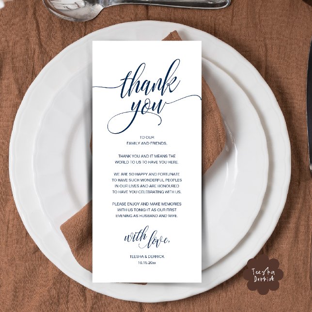 Cartões de agradecimentos de Recepção de casamento (Modern Romantic Wedding Reception Dinner Thank You Card in Navy Blue)